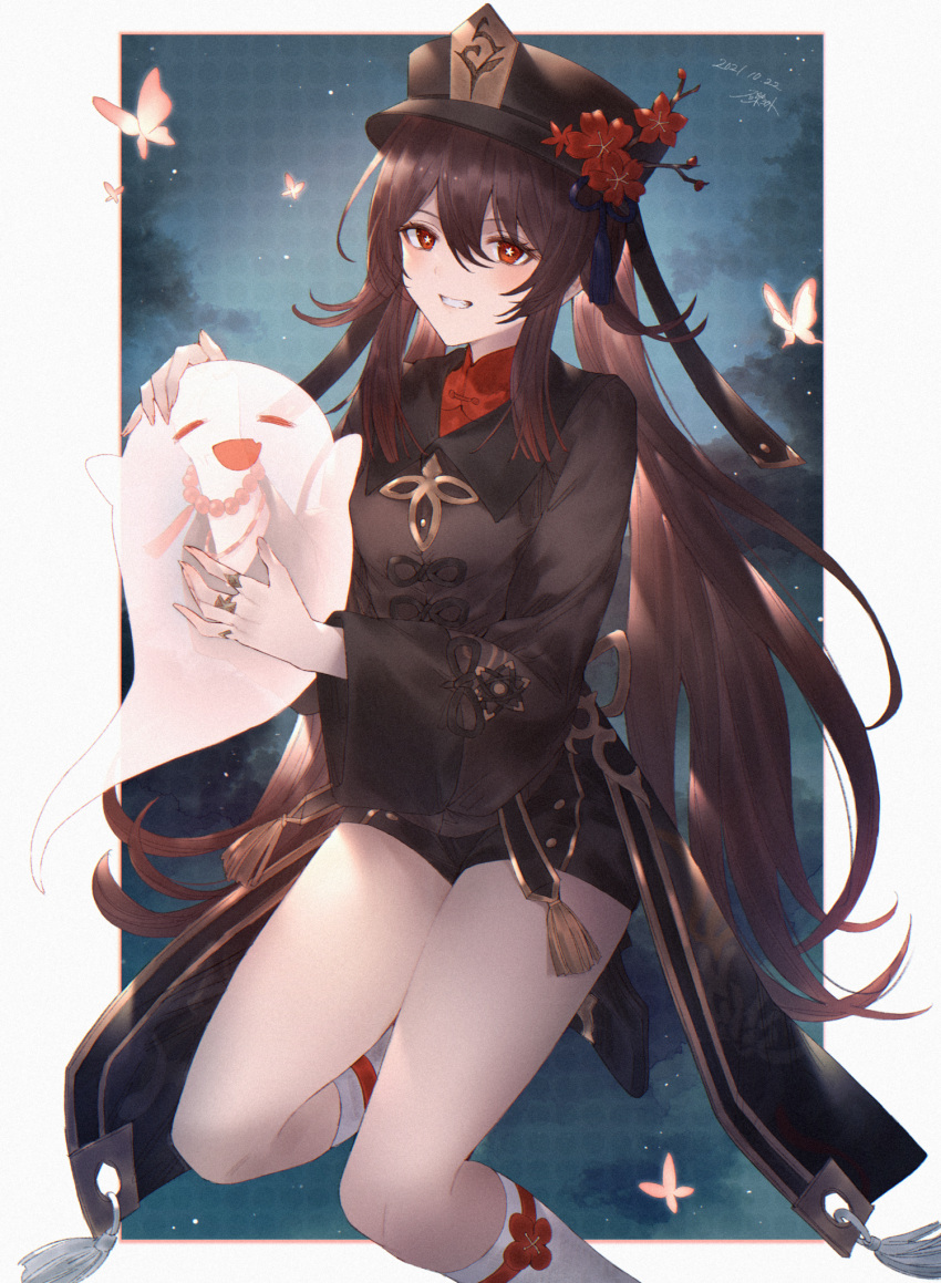 1girl bead_bracelet beads black_headwear black_shorts bracelet brown_hair closed_eyes fang genshin_impact ghost hat highres hu_tao_(genshin_impact) jewelry long_sleeves open_mouth red_eyes ring shorts smile solo symbol-shaped_pupils top_hat twintails wide_sleeves yct_(yoct_o)