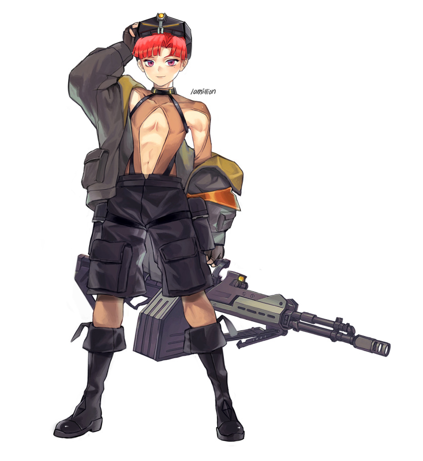 10million 1boy bangs boots cargo_shorts fingerless_gloves genderswap genderswap_(ftm) gloves goggles goggles_on_head gun heavy_machine_gun highres jacket last_origin leprechaun_(last_origin) looking_at_viewer machine_gun mole mole_under_eye navel redhead shorts simple_background smile solo violet_eyes weapon white_background