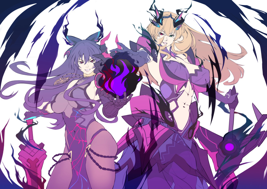 2girls abs absurdres armor ass aura blonde_hair bodysuit bow breasts covered_navel dark_aura date_a_live dress fairy_knight_gawain_(fate) fate/grand_order fate_(series) green_eyes hair_bow hair_ornament heterochromia highres huge_breasts john48625555mkii long_dress multiple_girls muscular muscular_female orb outstretched_hand purple_hair red_eyes simple_background sword thighs weapon white_background wide_hips yatogami_tooka