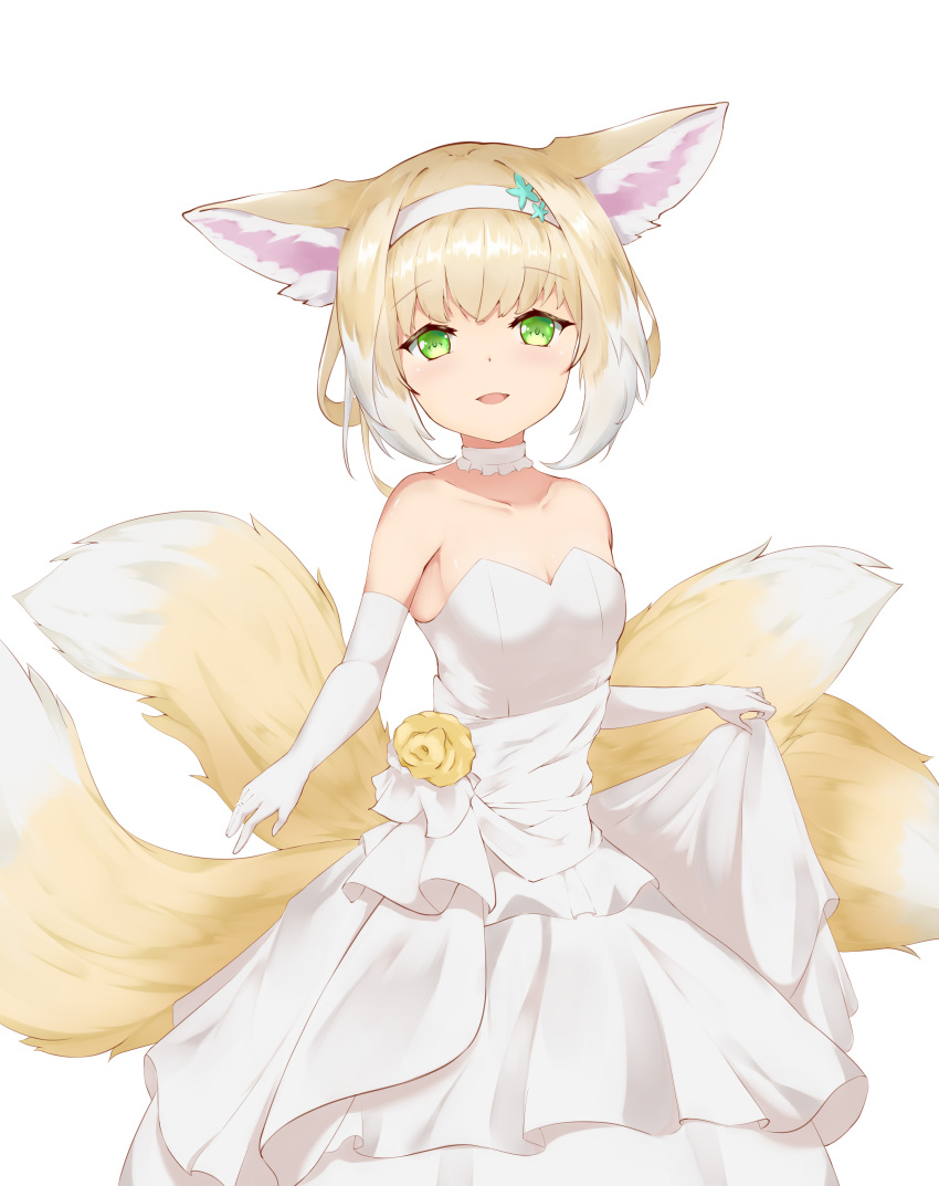 1girl absurdres animal_ears arknights armpit_peek bangs bare_shoulders blonde_hair choker clothes_lift collarbone dress dress_lift elbow_gloves flower frilled_dress frills gloves green_eyes highres layered_dress looking_at_viewer multicolored_hair multiple_tails open_mouth oto_ichinana rose short_hair suzuran_(arknights) tail white_dress white_gloves white_hair