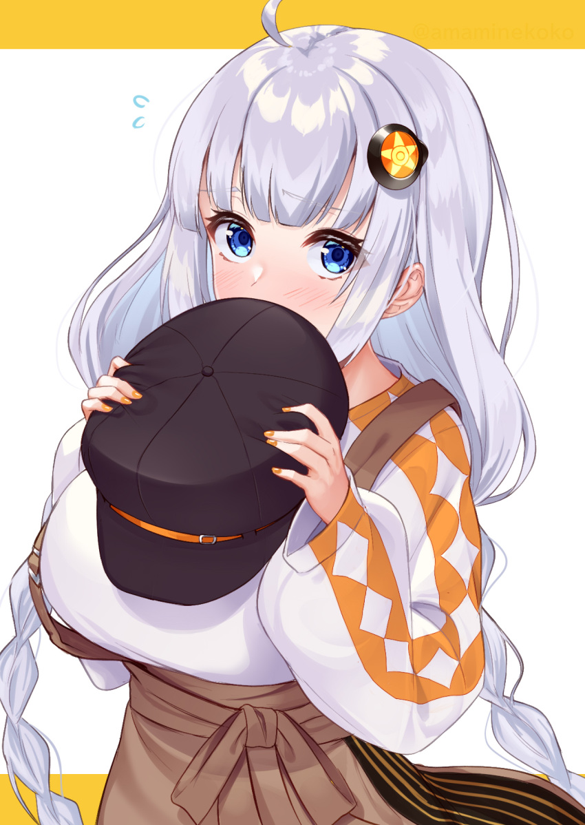 1girl a.i._voice ahoge black_headwear blue_eyes blush breasts eyebrows_visible_through_hair fingernails flying_sweatdrops hair_ornament hat highres holding holding_clothes holding_hat kizuna_akari large_breasts long_hair long_sleeves nail_polish orange_nails silver_hair solo tenneko_yuuri vocaloid voiceroid