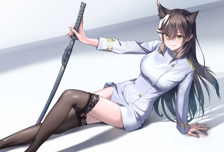 1girl animal_ear_fluff animal_ears atago_(azur_lane) azur_lane breasts brown_hair brown_legwear buttons double-breasted extra_ears eyebrows_visible_through_hair feet_out_of_frame highres holding holding_sword holding_weapon jacket lace-trimmed_legwear lace_trim large_breasts long_hair looking_at_viewer luts military military_uniform miniskirt naval_uniform sheath sheathed simple_background skirt solo sword thigh-highs uniform weapon white_background white_jacket white_skirt