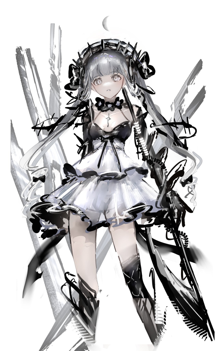 1girl bangs black_headwear breasts crescent_moon dress eyebrows_visible_through_hair grey_eyes headdress highres long_hair moon nanaponi original parted_lips silver_hair simple_background sleeveless sleeveless_dress small_breasts solo symbol-only_commentary white_background white_dress