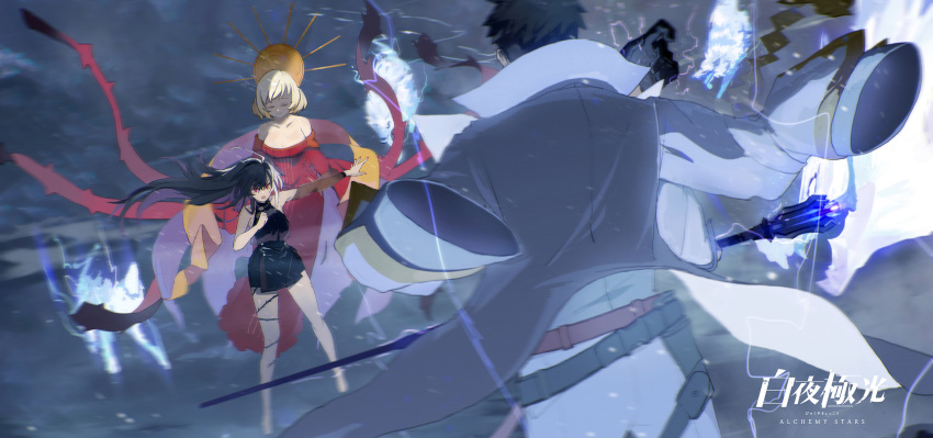 1boy 2girls alchemy_stars barefoot belt black_dress black_gloves black_hair blurry blurry_background clenched_hand closed_eyes coat coat_on_shoulders commentary_request copyright_name detached_sleeves dress electricity floating floating_hair gloves halterneck highres long_hair multiple_girls off-shoulder_dress off_shoulder official_art outstretched_arm paloma_(alchemy_stars) pants promotional_art red_eyes siirakannu single_sleeve sleeveless sleeveless_dress snap-fit_buckle staff wayne_pittman white_coat white_pants wolf