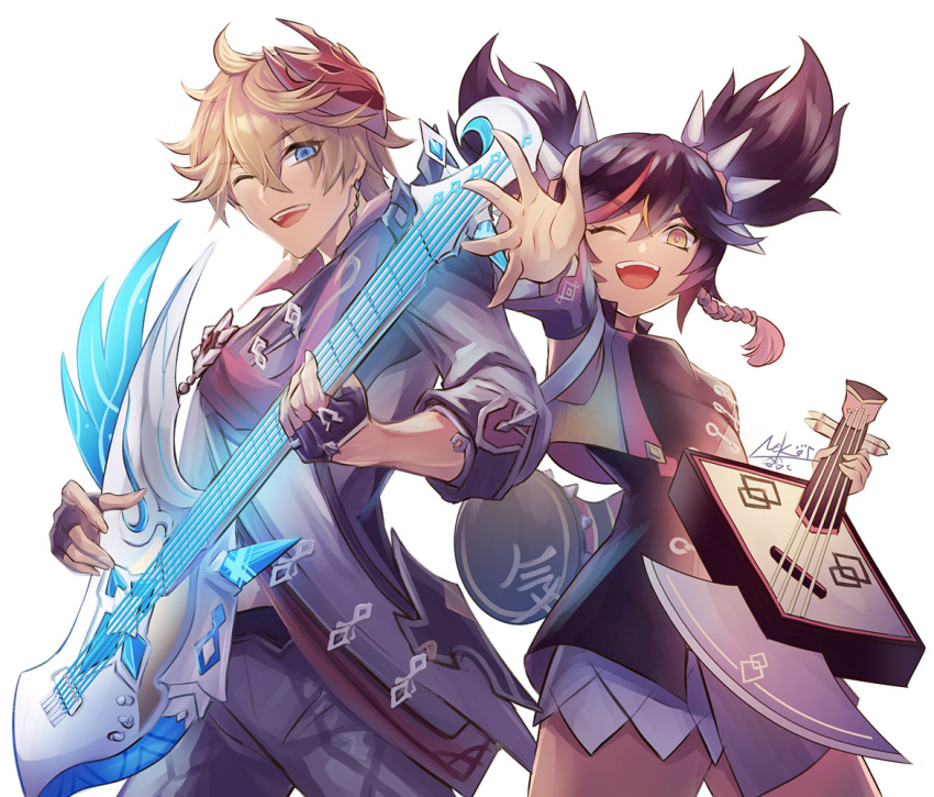 1boy 1girl black_hair blue_eyes commentary_request genshin_impact guitar holding holding_instrument instrument mask mask_on_head music nekobayashi open_mouth orange_hair playing_instrument smile tartaglia_(genshin_impact) twintails xinyan_(genshin_impact) yellow_eyes