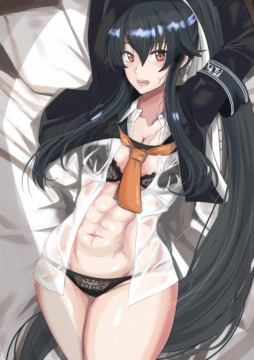 1girl abs black_bra black_hair black_jacket black_panties blush bra commentary_request cowboy_shot dress_shirt eyebrows_visible_through_hair hair_between_eyes hair_ribbon highres jacket kantai_collection ken_(shutenndouji1) long_hair looking_at_viewer lying navel neckerchief open_clothes open_jacket open_mouth open_shirt orange_neckwear panties ponytail red_eyes ribbon shirt solo underwear wet wet_clothes wet_shirt white_ribbon white_shirt yahagi_(kancolle)