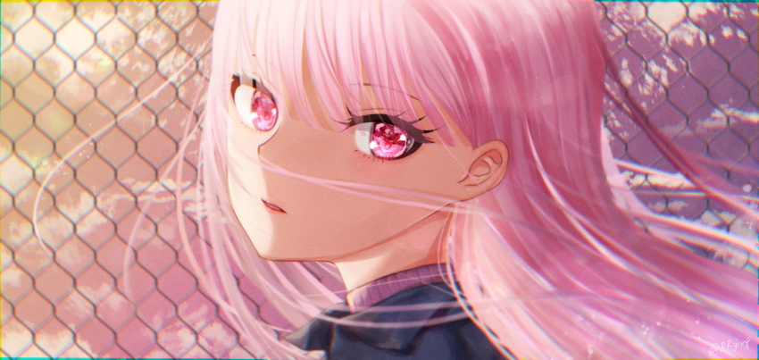 1girl black_jacket eyebrows_visible_through_hair fence floating_hair hair_behind_ear highres hololive hololive_english jacket long_hair mori_calliope open_mouth pink_eyes pink_hair pink_sweater portrait rryiup solo sweater virtual_youtuber