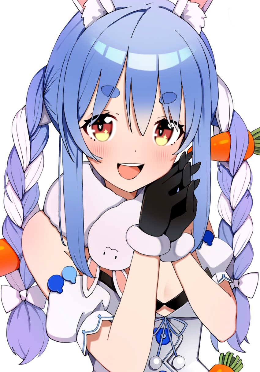1girl :d absurdres animal_ear_fluff animal_ears bangs black_gloves black_leotard blue_hair blush bow braid brown_eyes bunny-shaped_pupils carrot_hair_ornament commentary_request detached_sleeves don-chan_(usada_pekora) dress eyebrows_visible_through_hair food-themed_hair_ornament fur-trimmed_gloves fur_trim gloves hair_between_eyes hair_bow hair_ornament hands_up highres hololive interlocked_fingers leotard looking_at_viewer multicolored_hair own_hands_together puffy_short_sleeves puffy_sleeves rabbit_ears short_eyebrows short_sleeves simple_background smile strapless strapless_dress strapless_leotard symbol-shaped_pupils thick_eyebrows twin_braids twintails two-tone_hair upper_body usada_pekora virtual_youtuber white_background white_bow white_dress white_hair white_sleeves yuki_kamakura