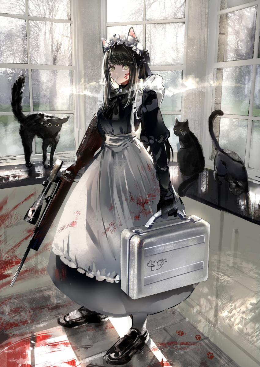 1girl animal_ears apron black_dress black_footwear black_gloves black_hair blood blood_on_clothes blood_on_face blood_on_ground cat cat_ears cat_girl cigarette commentary dress english_commentary full_body gloves green_eyes gun highres holding holding_gun holding_weapon indoors juliet_sleeves long_hair long_sleeves maid maid_apron maid_headdress nanaponi original paw_print puffy_sleeves rifle slit_pupils smoking sniper_rifle solo tree weapon weapon_case white_apron window