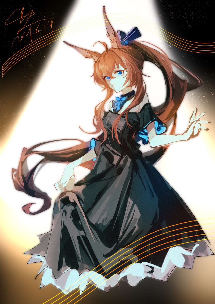 1girl absurdres ahoge ambience_synesthesia amiya_(arknights) animal_ears arknights black_collar black_dress blue_bowtie blue_eyes brown_hair collar commentary cropped_legs dated dress feet_out_of_frame hair_between_eyes highres light_beam long_hair looking_at_viewer luan_teng off-shoulder_dress off_shoulder ponytail rabbit_ears rabbit_girl solo symbol-only_commentary very_long_hair