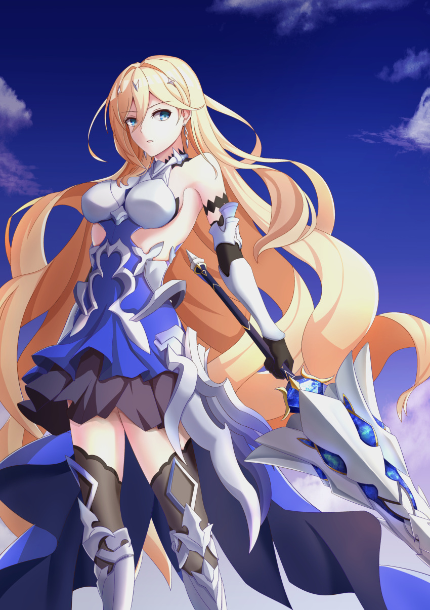 1girl :o absurdres armor armored_dress bangs bianka_durandal_ataegina bianka_durandal_ataegina_(bright_knight:_excelsis) blonde_hair blue_eyes blue_sky boots clouds cloudy_sky dress earrings gauntlets hair_between_eyes hair_ornament highres holding holding_polearm holding_weapon honkai_(series) honkai_impact_3rd jewelry lanceralter1 long_hair open_mouth outdoors polearm sky sleeveless sleeveless_dress solo spear teeth thigh-highs thigh_boots wavy_hair weapon