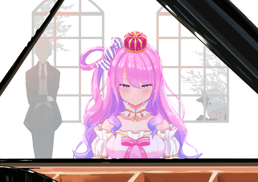 1boy 1girl 6mint absurdres blush candy_hair_ornament crown detached_collar eyebrows_visible_through_hair faceless faceless_male food-themed_hair_ornament green_eyes hair_ornament hair_rings heterochromia highres himemori_luna hololive instrument looking_down music piano pink_hair playing_instrument playing_piano shitsuji-chan_(himemori_luna) side_ponytail smile standing upper_body violet_eyes virtual_youtuber window