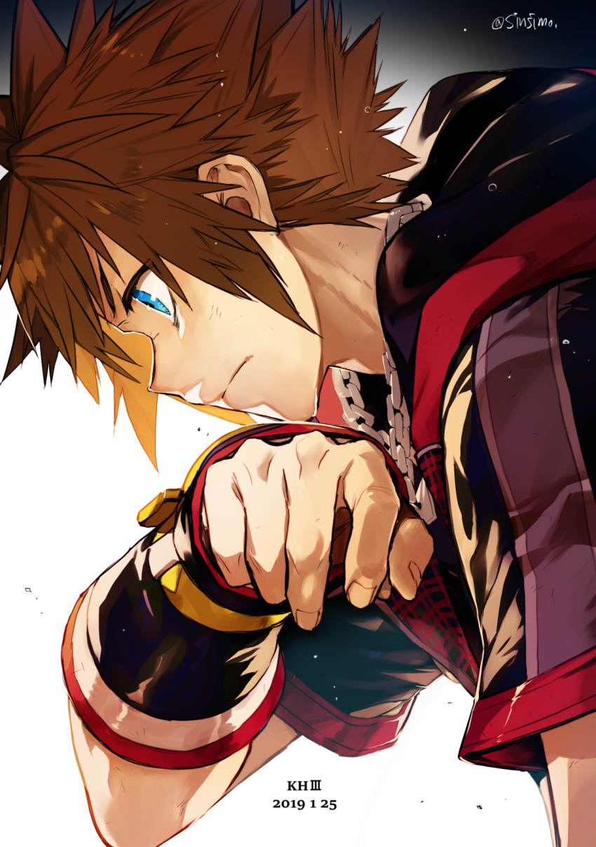 1boy blue_eyes brown_hair chain chain_necklace dated fingerless_gloves from_side gloves highres jacket kingdom_hearts morishita_makoto short_hair signature solo sora_(kingdom_hearts) spiky_hair