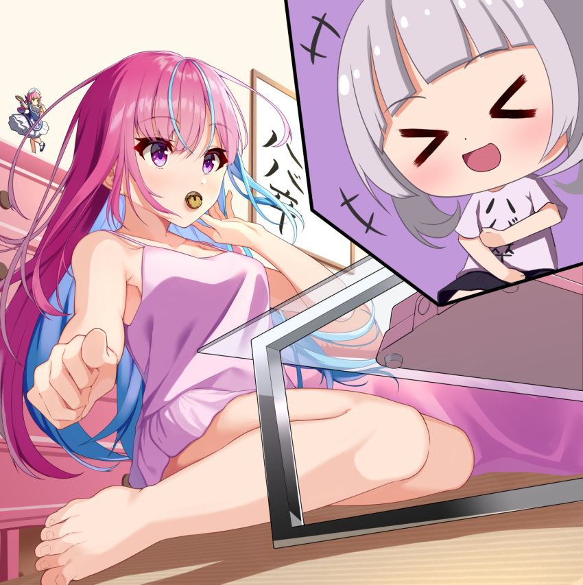 2girls bare_arms bare_shoulders barefoot bedroom blue_hair chibi chibi_inset colored_inner_hair eyebrows_visible_through_hair food full_body hair_down highres hololive indoors long_hair loungewear minato_aqua mouth_hold multicolored_hair multiple_girls murasaki_shion pink_chemise purple_hair sitting solo_focus streaked_hair takoyaki toenails toes two-tone_hair unripe violet_eyes virtual_youtuber