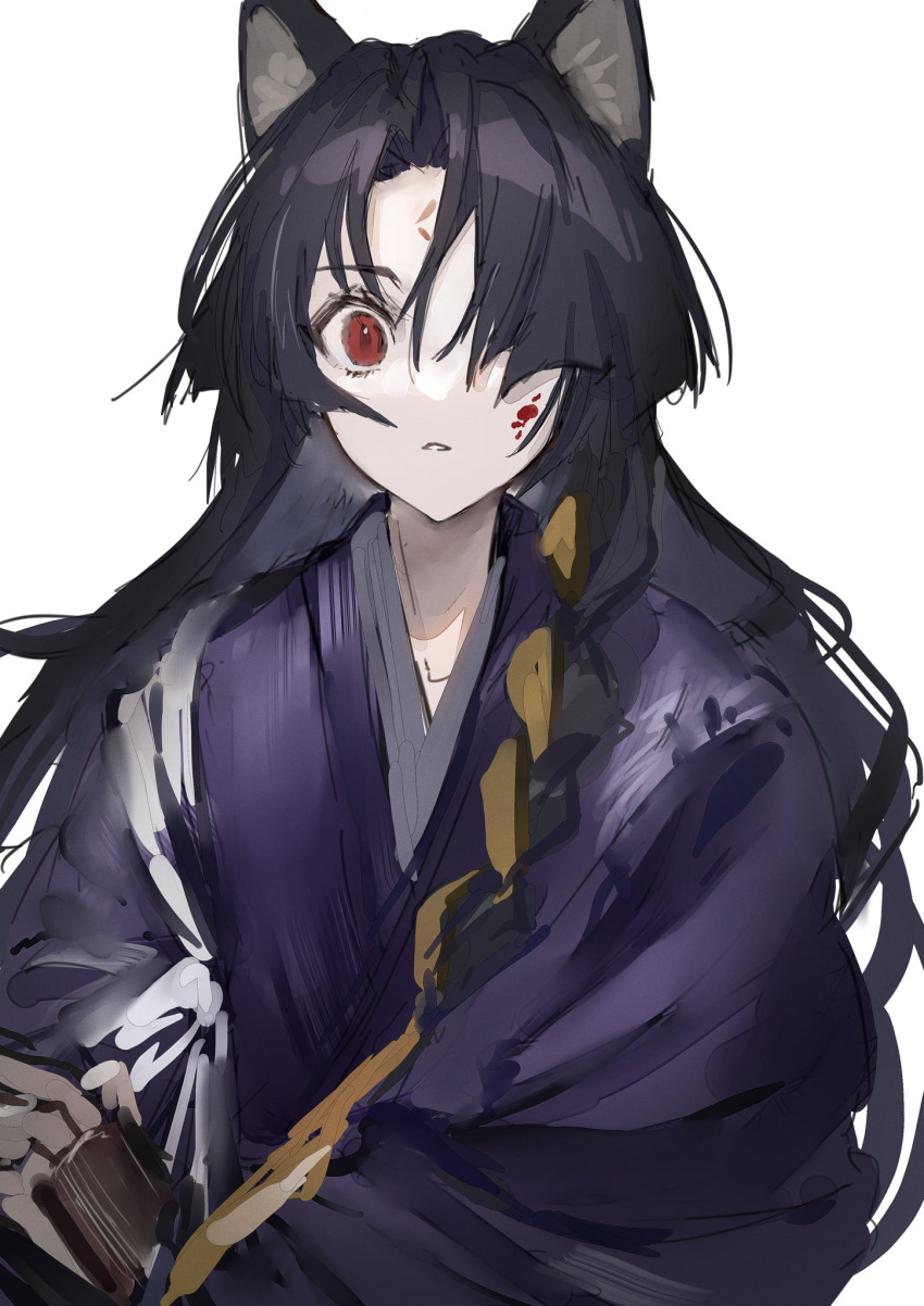 1girl animal_ears arknights black_hair blood blood_on_face commentary_request dog_ears facial_mark forehead_mark hair_over_one_eye highres japanese_clothes kimono long_hair looking_at_viewer nanaponi parted_lips purple_kimono red_eyes ribbon ribbon_braid saga_(arknights) simple_background solo upper_body white_background yellow_ribbon