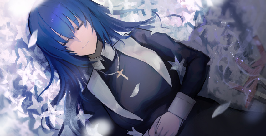 1girl absurdres alternate_hair_length alternate_hairstyle amirun bangs black_dress black_keys_(type-moon) blue_hair chain chain_necklace ciel_(tsukihime) closed_eyes closed_mouth commentary_request cross cross_necklace dress eyebrows_visible_through_hair flower flower_bed habit hair_between_eyes highres jewelry latin_cross long_hair long_sleeves lying necklace nun own_hands_together petals smile solo tsukihime tsukihime_(remake) weapon white_flower