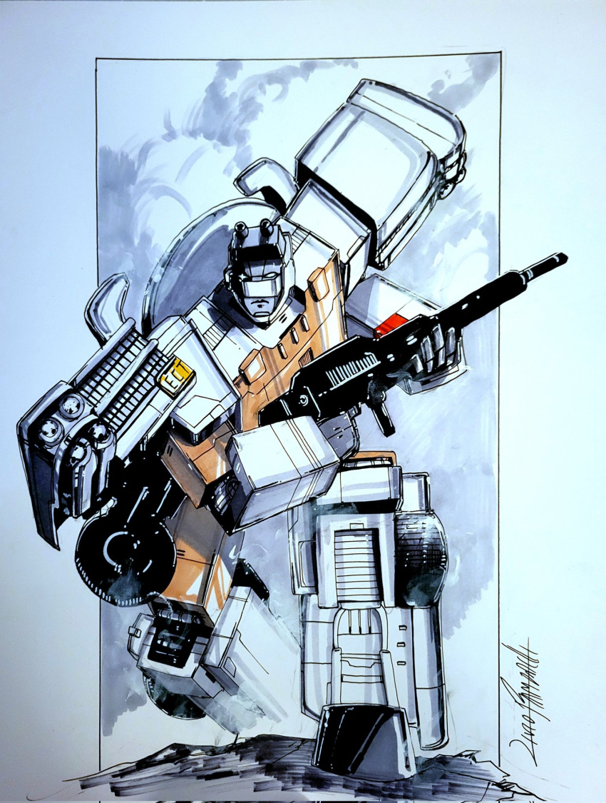 autobot commission ectotron english_commentary ghostbusters gun highres holding holding_gun holding_weapon livioramondelli looking_at_viewer marker_(medium) mecha no_humans science_fiction signature solo standing traditional_media transformers weapon