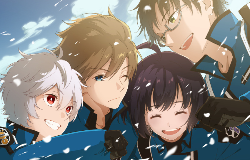 1girl 3boys ^_^ ahoge amatori_chika black_gloves black_hair blue_eyes blue_jacket brown_hair closed_eyes collared_jacket glasses gloves green_eyes grin hand_up hetalia38 hyuse jacket kuga_yuuma mikumo_osamu multiple_boys one_eye_closed open_mouth outdoors red_eyes short_hair sky sleeves_past_wrists smile teeth upper_body upper_teeth white_hair world_trigger