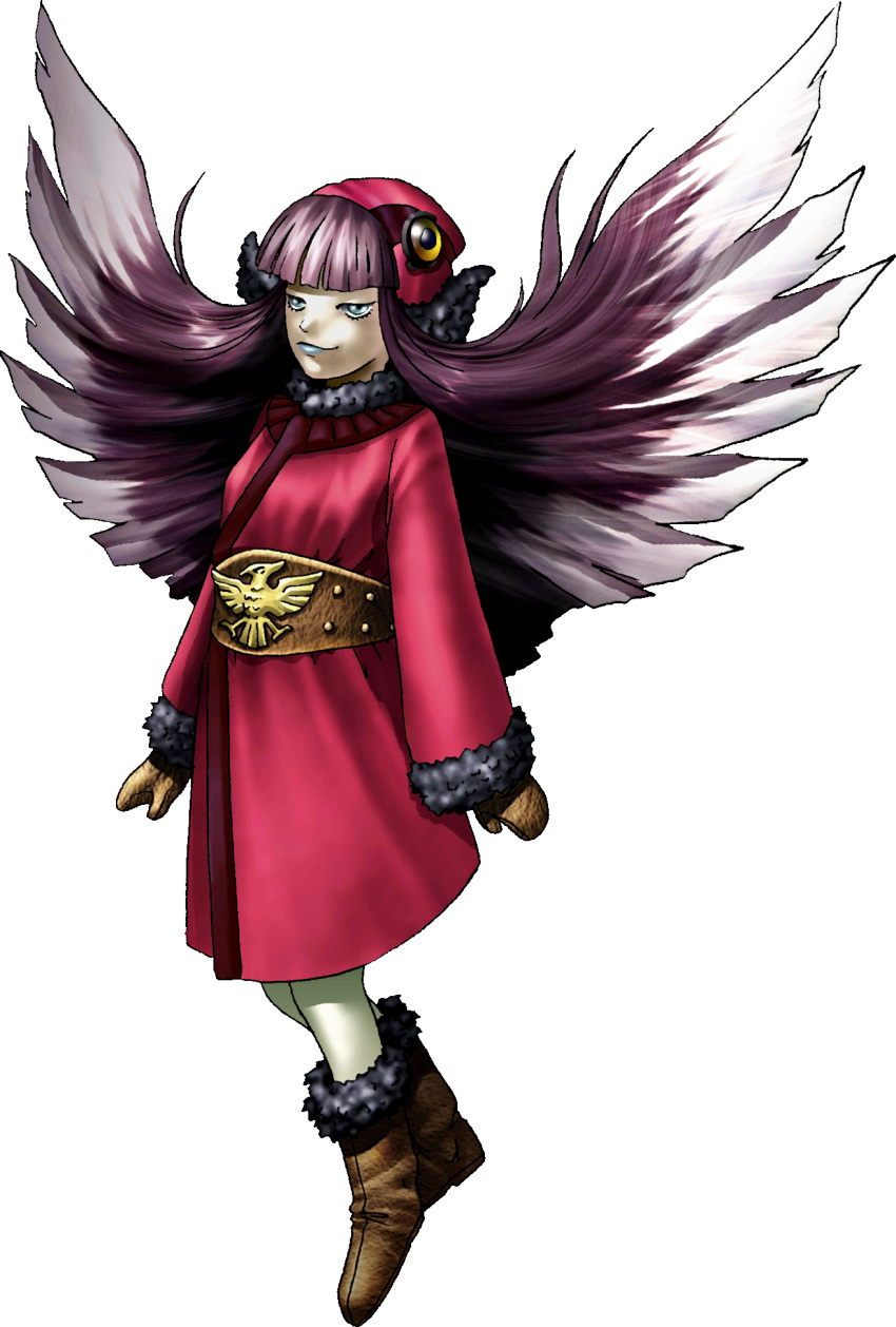 1girl belt blue_eyes devil_summoner full_body fur_trim gradient_hair hair_wings highres hood hoodie kazuma_kaneko long_hair looking_at_viewer mittens mou_shobou multicolored_hair official_art photoshop_(medium) purple_hair shin_megami_tensei smile solo transparent_background two-tone_hair white_hair