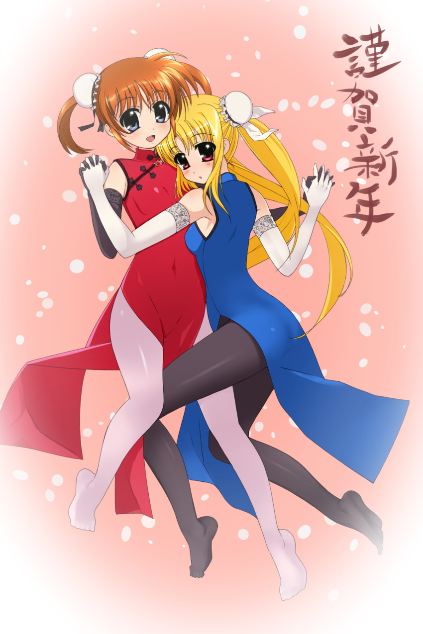 2girls blonde_hair china_dress chinese_clothes couple dress fate_testarossa hair_ornament hair_ribbon happy happy_new_year highres holding_hands looking_at_viewer lyrical_nanoha mahou_shoujo_lyrical_nanoha mahou_shoujo_lyrical_nanoha_a's mahou_shoujo_lyrical_nanoha_innocent multiple_girls new_year open_mouth orange_hair red_eyes ribbon short_twintails shousumi_(ljayxh) simple_background smile takamachi_nanoha twintails violet_eyes white_ribbon yuri