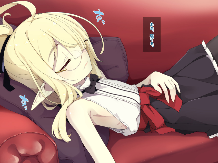 1girl airi_(ogami_kazuki) armpits bare_arms bare_shoulders blonde_hair commentary cowboy_shot eyebrows_visible_through_hair flat_chest glasses hand_on_own_stomach highres indoors lying ogami_kazuki on_back original pointy_ears ribs skinny sleeping solo translated