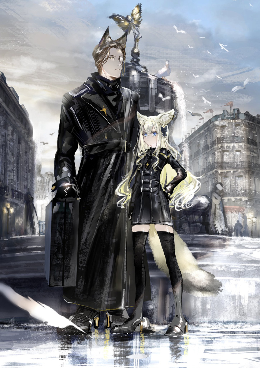 1boy 1girl animal_ears bird black_bow black_coat black_footwear black_jacket black_legwear blonde_hair blue_eyes boots bow briefcase brown_hair building closed_mouth coat day flag fox_ears fox_girl fox_tail full_body hair_bow hands_on_hips high_heel_boots high_heels highres holding holding_briefcase jacket long_hair long_sleeves monocle nanaponi original outdoors short_hair standing statue symbol-only_commentary tail thigh-highs thigh_boots yellow_eyes