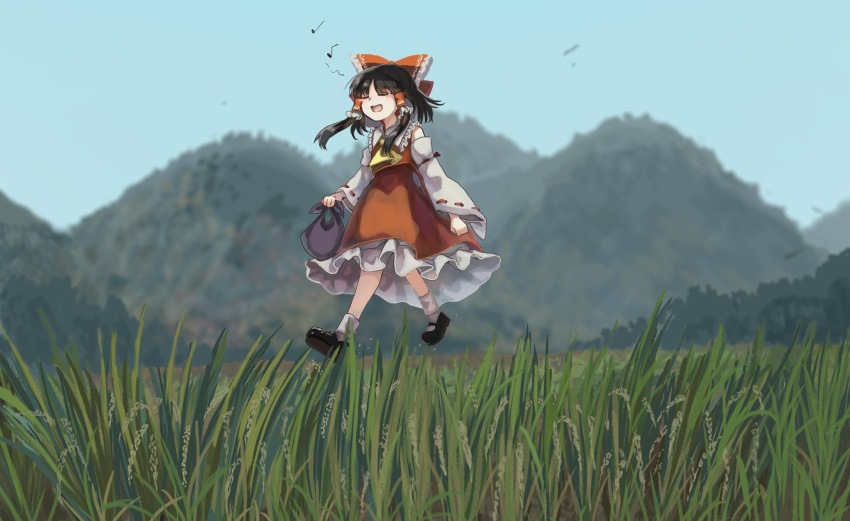 1girl ascot black_hair bow closed_eyes collar detached_sleeves frilled_bow frills full_body gohei grass hair_bow hair_tubes hakurei_reimu highres japanese_clothes matsukuzu medium_hair miko mountain music musical_note open_mouth outdoors red_bow red_shirt red_skirt ribbon-trimmed_sleeves ribbon_trim shirt sidelocks singing skirt skirt_set sky sleeveless socks solo touhou walking white_collar wide_sleeves yellow_neckwear