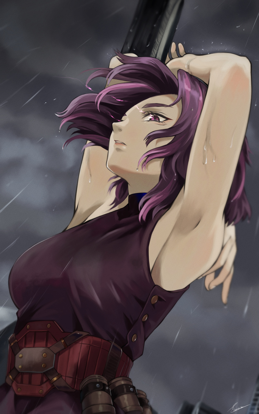 1girl absurdres armpits arms_up boku_no_hero_academia clouds cloudy_sky dutch_angle fengling_(furin-jp) highres jacket lady_nagant medium_hair parted_lips purple_hair purple_jacket rain shiny shiny_hair signature sky sleeveless sleeveless_jacket solo upper_body violet_eyes