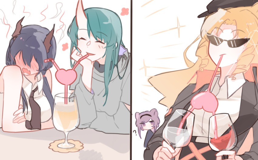 4girls ? animal_ears arknights beret black_hairband black_headwear black_jacket black_necktie blue_hair blush ch'en_(arknights) chinese_commentary closed_eyes collared_shirt commentary_request crazy_straw dragon_horns drill_hair drinking_straw full-face_blush green_hair grey_sweater hairband hat head_rest heart_straw horns hoshiguma_(arknights) jacket lin_yuhsia_(arknights) long_hair mouse_ears multiple_girls naichabencha no_eyes oni_horns open_mouth orange_hair purple_hair shared_straw shirt side_drill sidelocks simple_background single_horn sleeveless sleeveless_shirt smile sunglasses sweater swire_(arknights) twin_drills twintails upper_body violet_eyes wavy_mouth white_background white_shirt yuri