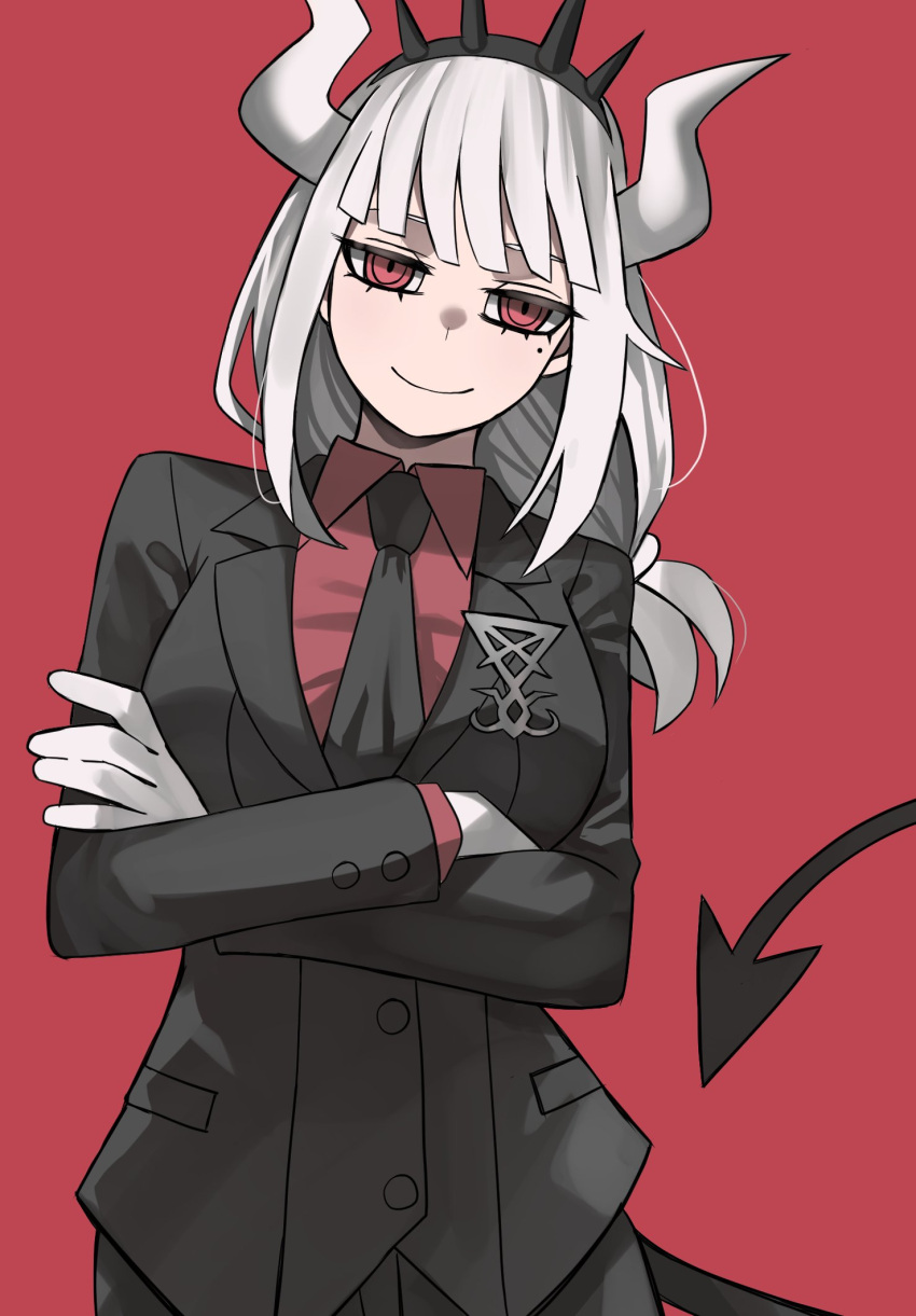 1girl bangs black_neckwear blunt_bangs closed_mouth commentary crossed_arms demon_girl demon_tail gloves helltaker highres horns jourd4n long_hair looking_at_viewer lucifer_(helltaker) mole mole_under_eye necktie red_background red_eyes red_shirt shirt simple_background smile solo tail white_gloves white_hair white_horns