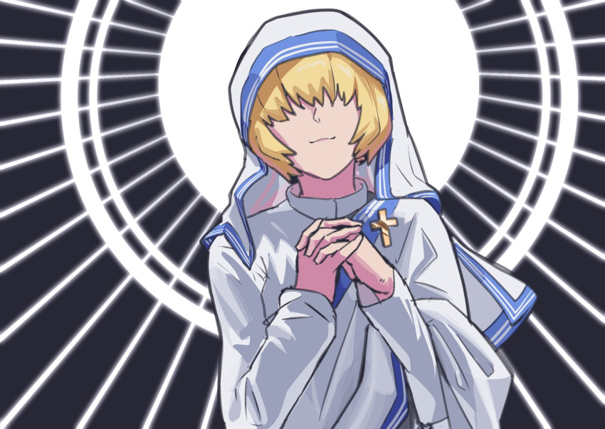 1girl alice_margatroid bangs blonde_hair closed_mouth commentary cookie_(touhou) cosplay cross habit hair_between_eyes hair_over_eyes highres interlocked_fingers jigen_(cookie) leftame long_sleeves mother_teresa mother_teresa_(cosplay) own_hands_together real_life second-party_source shirt short_hair smile solo sunburst sunburst_background touhou upper_body white_shirt