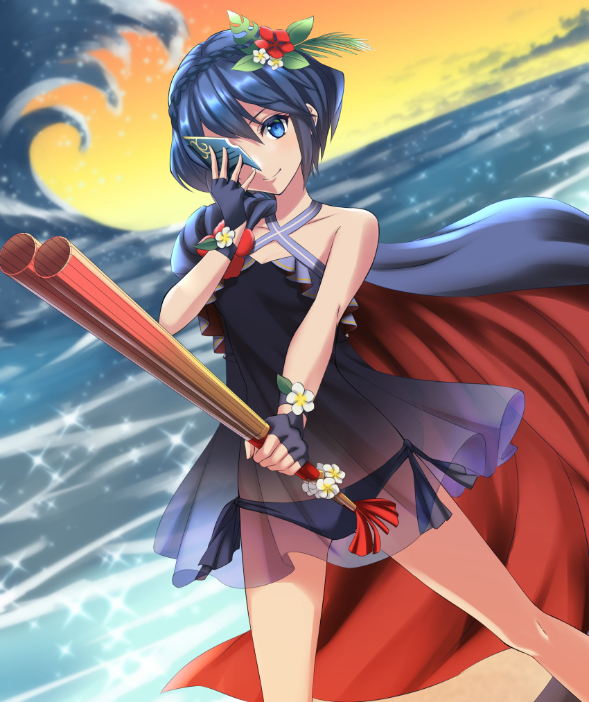 1girl absurdres alternate_costume bangs bare_shoulders bikini blue_bikini blue_cape blue_eyes blue_gloves blue_hair blue_swimsuit braid breasts cape closed_mouth clouds collarbone commentary_request crown_braid eyebrows_visible_through_hair fingerless_gloves fire_emblem fire_emblem_awakening fire_emblem_heroes flower gloves hair_flower hair_ornament halterneck highres holding holding_mask holding_weapon kakiko210 leaf looking_at_viewer lucina_(fire_emblem) marth_(fire_emblem_awakening) mask ocean official_alternate_costume one_eye_covered orange_sky red_flower see-through short_hair side-tie_bikini sky small_breasts smile solo swimsuit symbol-shaped_pupils water weapon