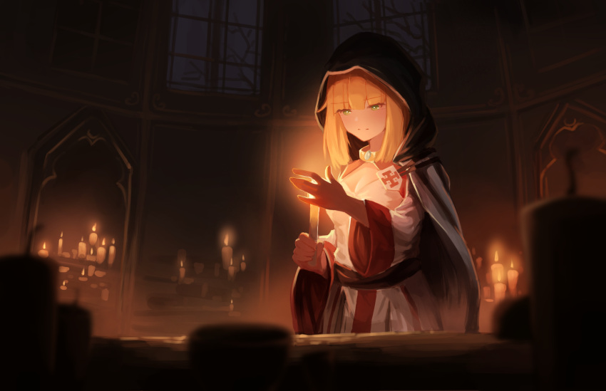 1girl absurdres bangs black_cape blonde_hair blunt_bangs breasts candle cape green_eyes highres holding holding_candle hood hood_up hooded_cape indoors jl_tan long_sleeves medium_breasts original sidelocks solo templar white_robe