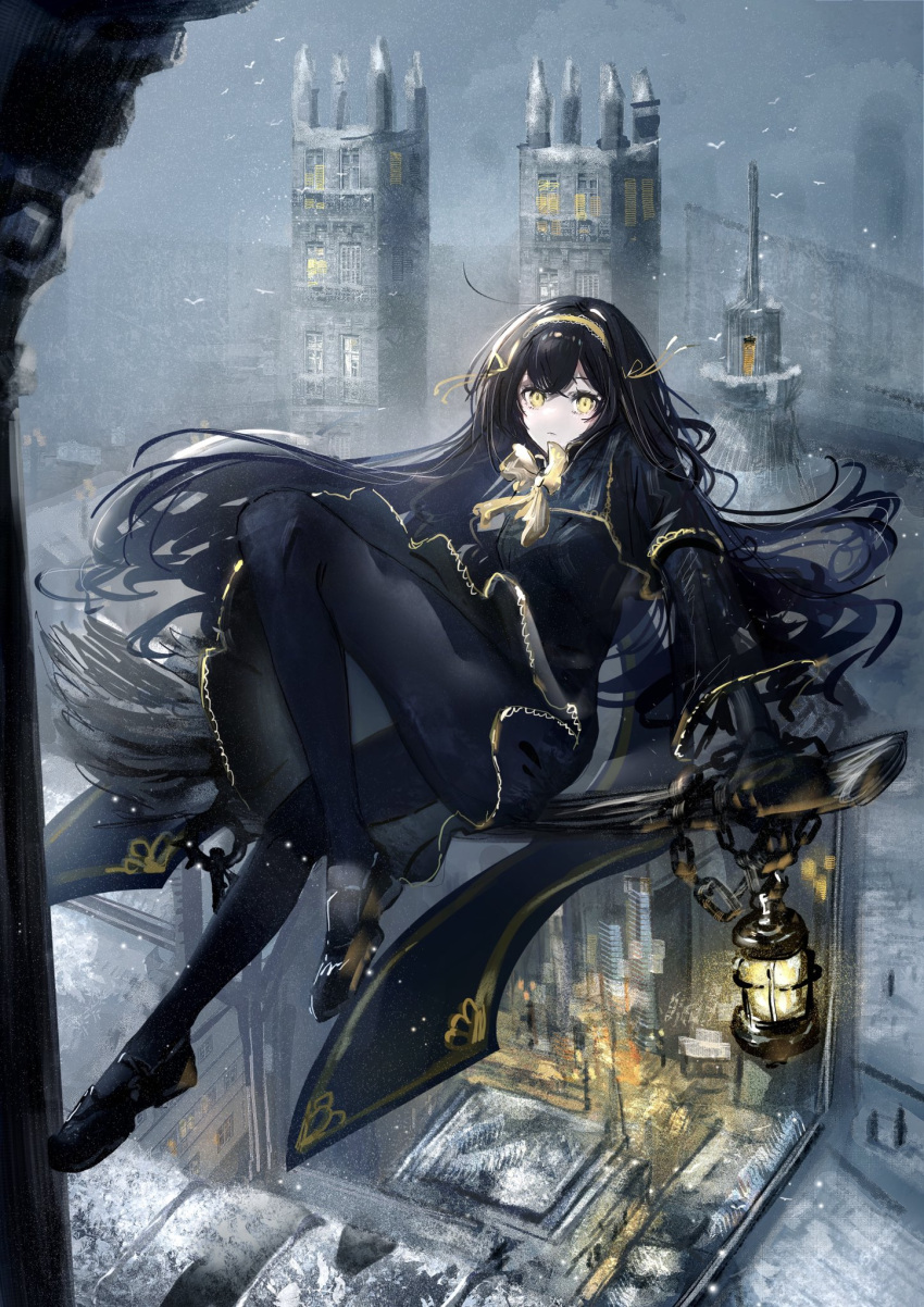 1girl black_coat black_footwear black_gloves black_legwear bow bowtie building chain closed_mouth coat commentary english_commentary full_body gloves hairband highres holding holding_lantern lantern long_sleeves nanaponi original outdoors pantyhose solo white_bird yellow_eyes yellow_hairband yellow_neckwear