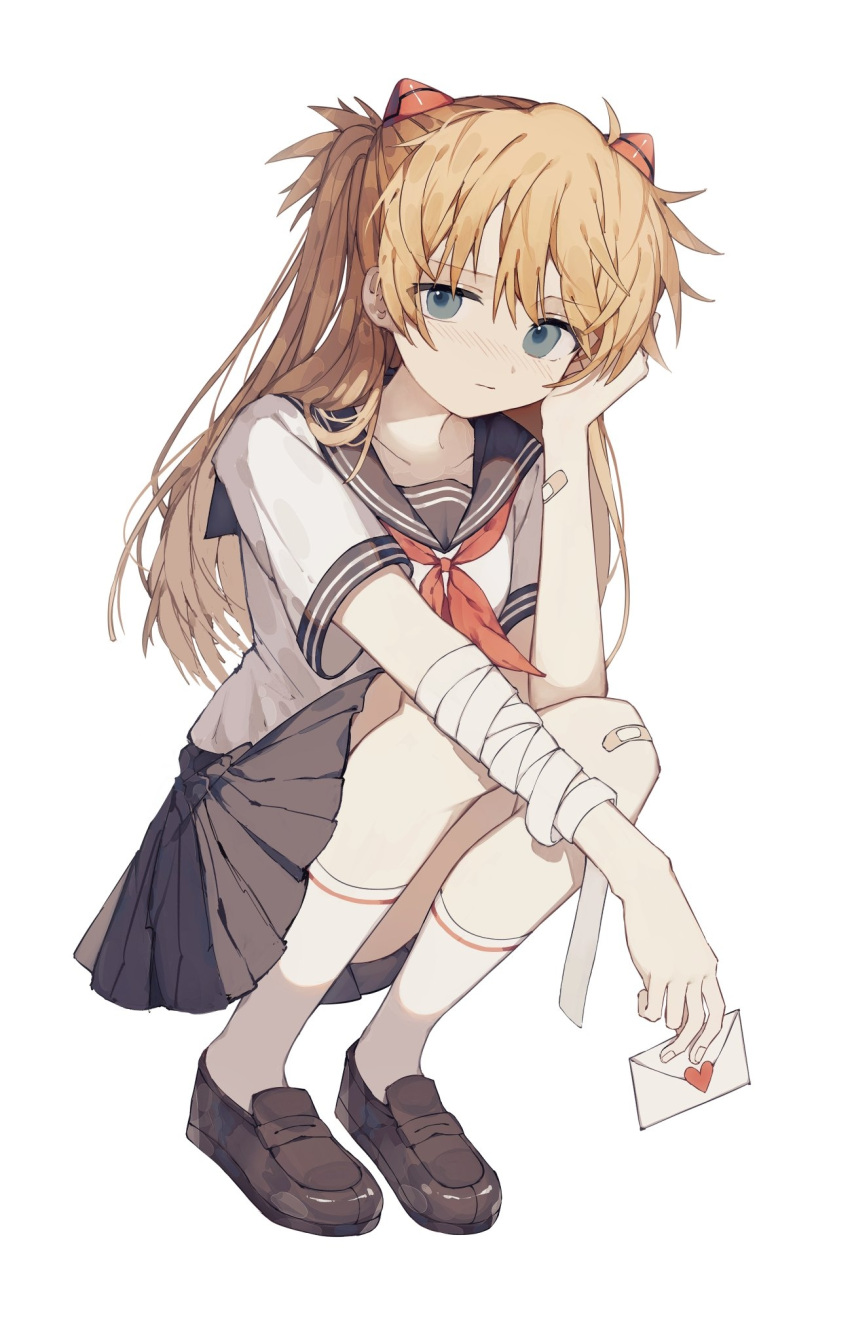1girl bandaged_arm bandages bandaid bandaid_on_arm bandaid_on_knee black_sailor_collar blue_eyes brown_footwear brown_skirt closed_mouth commentary deep_(deep4946) eyebrows_visible_through_hair full_body hand_on_own_cheek hand_on_own_face heart highres holding holding_letter interface_headset kneehighs letter light_blush long_hair looking_at_viewer love_letter neckerchief neon_genesis_evangelion orange_hair pleated_skirt red_neckwear sailor_collar school_uniform serafuku shirt shoes short_sleeves simple_background skirt solo souryuu_asuka_langley squatting white_background white_legwear white_shirt