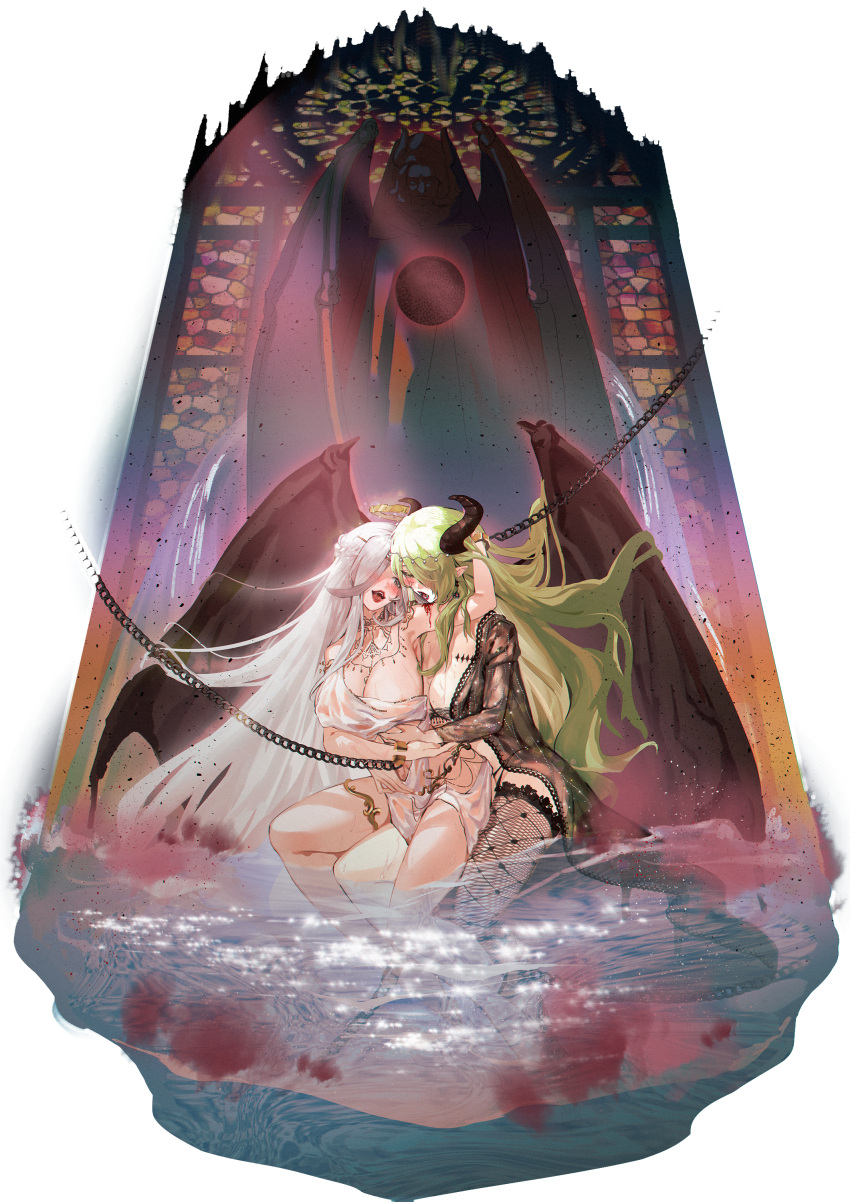 2girls absurdres alisia_(riftdevils) blood blush breasts broken_halo bugie chain chained commission commissioner_upload del_(riftdevils) demon_horns demon_wings dress fishnets green_hair hair_over_one_eye halo highres horns huge_breasts long_hair multiple_girls open_mouth original reflection see-through smile stained_glass statue very_long_hair water wet white_hair wings yuri