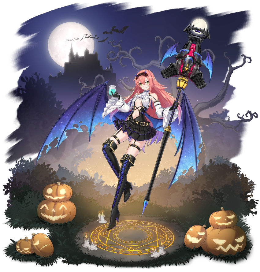 1girl absurdres alpha_transparency alternate_costume bare_shoulders bat belt belt_buckle black_gloves breasts buckle candle castle counter_side cup detached_sleeves fake_horns full_body gloves green_eyes hair_between_eyes halloween halloween_costume highres holding holding_cup holding_staff horns jack-o'-lantern long_hair looking_at_viewer magic_circle medium_breasts miniskirt moon navel night night_sky official_alternate_costume official_art pink_hair pointy_ears skirt sky staff wings yuna_springfield