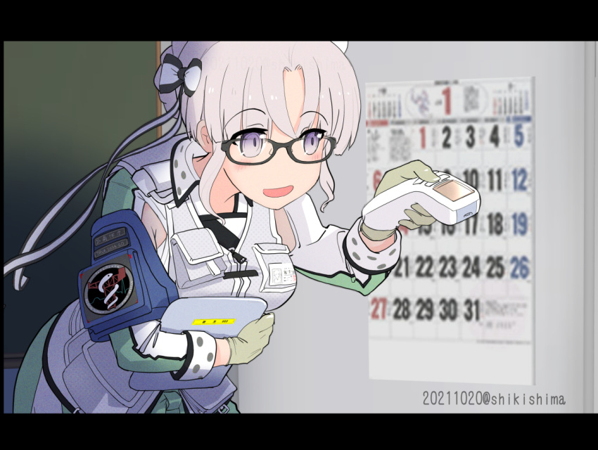 1girl akitsushima_(kancolle) armpit_cutout bespectacled black-framed_eyewear breasts calendar_(object) clothing_cutout digital_thermometer glasses grey_hair hair_ribbon kantai_collection long_hair long_sleeves medium_breasts purple_hair ribbon shikishima_fugen side_ponytail sidelocks solo thermometer violet_eyes