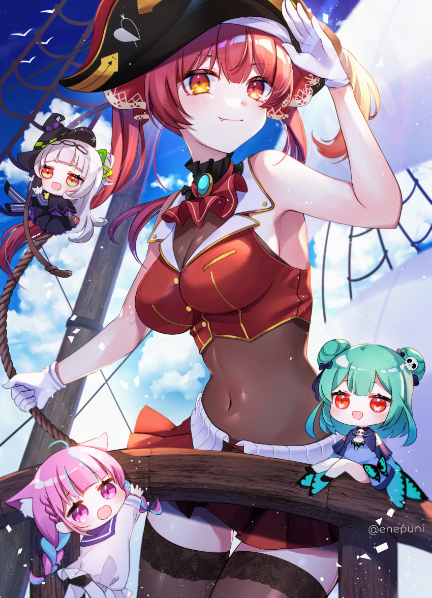 4girls :d absurdres ahoge animal_ear_fluff animal_ears aqua_hair armpit_peek artist_name bangs black_legwear blue_bow blunt_bangs boat bow braid breasts closed_mouth double_bun eneru_(enepuni) eyebrows_visible_through_hair fang gloves hair_bow hair_ornament hair_ribbon hat heterochromia highres hololive houshou_marine jitome large_breasts long_hair looking_at_viewer medium_hair minato_aqua minigirl multiple_girls murasaki_shion orange_eyes outdoors pink_hair pirate_hat red_eyes red_ribbon redhead ribbon rope salute skull_hair_ornament sleeveless smile thigh-highs thighs twitter_username uruha_rushia violet_eyes virtual_youtuber watercraft white_gloves white_hair witch_hat