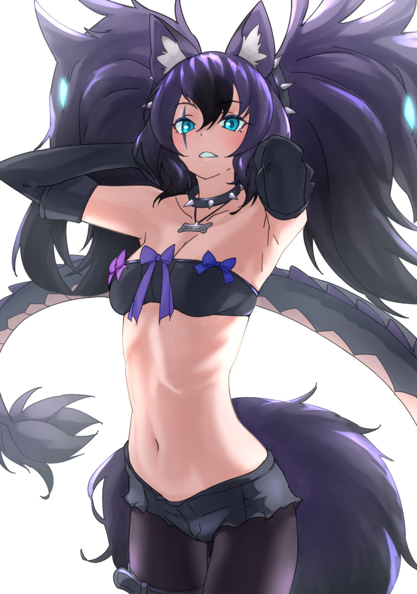 1girl animal_ear_fluff animal_ears arms_behind_head bangs black_gloves black_hair black_legwear black_shorts blue_eyes breasts cerberus_(kemono_friends) collar commentary dog_ears dog_girl elbow_gloves gloves hair_between_eyes highres kemono_friends leg_belt legwear_under_shorts long_hair looking_at_viewer medium_breasts navel pantyhose parted_lips purple_hair scar scar_across_eye short_hair short_shorts shorts simple_background solo spiked_collar spikes stomach tail tanabe_(fueisei) thigh_gap twintails white_background