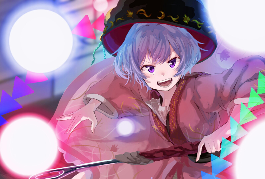 1girl bowl bowl_hat danmaku dress hat holding holding_needle in_bowl in_container japanese_clothes kimono mallet matsukuzu minigirl miracle_mallet needle needle_sword obi open_mouth purple_hair red_kimono sash short_hair smile solo sukuna_shinmyoumaru touhou violet_eyes