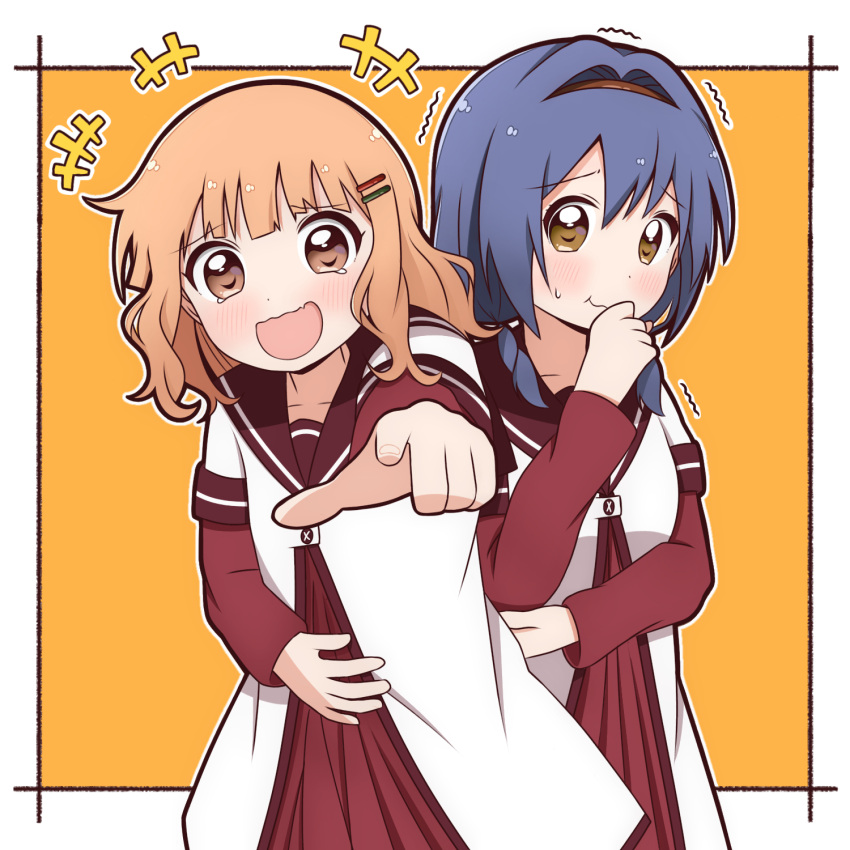 +++ 2girls :d bangs black_hairband blue_hair blush border braid brown_eyes brown_sailor_collar closed_mouth collarbone commentary_request dress eyebrows_visible_through_hair fang furutani_himawari goron_(phde2424) hair_ornament hairband hairclip hand_up happy highres laughing layered_sleeves long_sleeves medium_hair multiple_girls nanamori_school_uniform oomuro-ke oomuro_sakurako orange_background outline outside_border outstretched_arm pleated_dress pointing pointing_at_viewer red_dress sailor_collar school_uniform serafuku shirt short_over_long_sleeves short_sleeves skin_fang smile standing sweatdrop tearing_up twin_braids wavy_hair wavy_mouth white_border white_outline white_shirt yuru_yuri