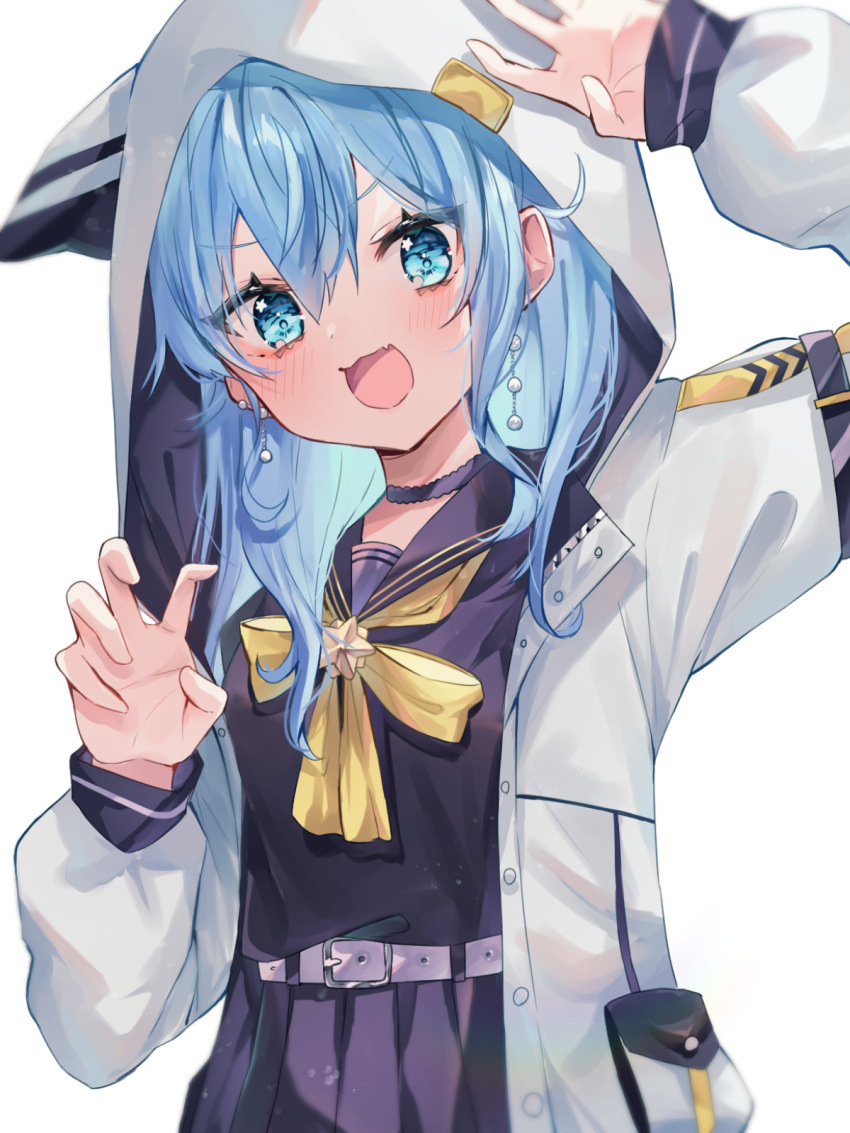 1girl :d animal_hood belt black_choker black_shirt blue_eyes blurry blush breasts choker claw_pose commentary depth_of_field earrings eyebrows_visible_through_hair eyelashes fang gaaa_u hair_between_eyes highres hololive hood hood_up hooded_jacket hoshimachi_suisei jacket jewelry light_blue_hair long_hair looking_at_viewer miniskirt neck_ribbon official_alternate_costume open_clothes open_jacket open_mouth pleated_skirt ribbon sailor_collar school_uniform serafuku shirt shirt_tucked_in simple_background skin_fang skirt small_breasts smile solo star_(symbol) star_in_eye symbol_in_eye upper_body virtual_youtuber white_background white_belt white_jacket yellow_neckwear
