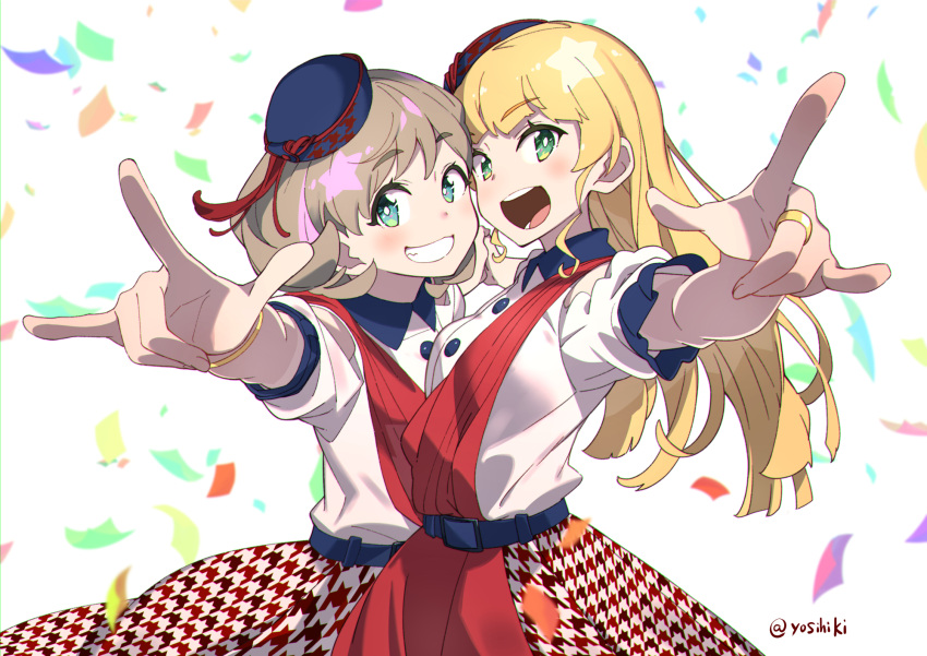 2girls :d belt blonde_hair blue_belt blue_headwear blush bracelet brown_hair cheek-to-cheek grin hat heads_together heanna_sumire highres jewelry looking_at_viewer love_live! love_live!_superstar!! multiple_girls open_mouth red_sash ring sailor_hat sash shirt short_sleeves skirt skirt_set smile start!!_true_dreams_(love_live!) tang_keke twitter_username ushiki_yoshitaka white_shirt