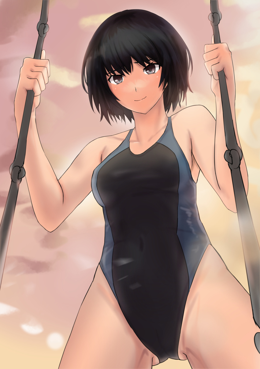 1girl absurdres amagami bangs black_eyes black_hair bob_cut breasts closed_mouth competition_swimsuit covered_navel eyebrows_visible_through_hair highres looking_at_viewer medium_breasts nanasaki_ai one-piece_swimsuit pink_sky school_uniform short_hair smile solo swimsuit swing swing_set ykh1028