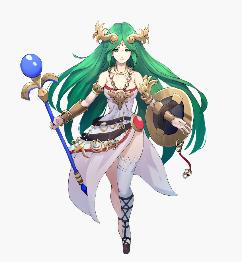 1girl absurdres armlet belt breasts dress forehead_jewel grimmelsdathird high_heels highres jewelry laurel_crown legs long_legs multiple_belts palutena pendant pit_(kid_icarus) sandals side_slit single_thighhigh solo strapless strapless_dress thigh-highs thighs tiara vambraces white_legwear