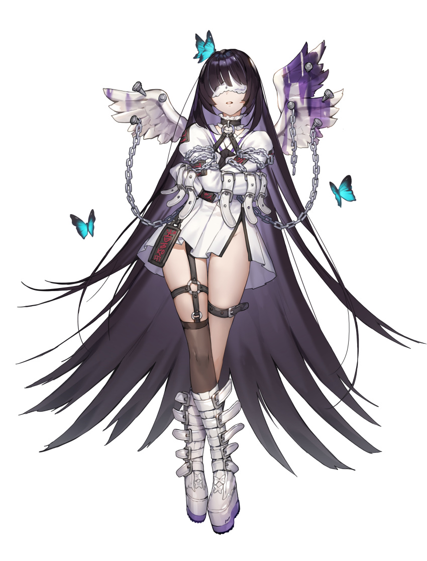 1girl absurdres alpha_transparency angel_wings arms_under_breasts bangs bdsm black_hair boots bug butterfly chain counter_side crossed_legs full_body highres long_hair nail official_art serapel_(counter_side) single_thighhigh solo straitjacket tachi-e thigh-highs transparent_background very_long_hair watson_cross white_blindfold white_footwear wings
