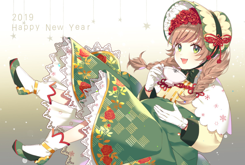 1girl 2019 :d bonnet braid brown_hair cup floral_print flower gloves green_eyes green_headwear hair_flower hair_ornament hanbok happy_new_year korean_clothes looking_at_viewer mongpu new_year original smile teacup traditional_clothes twin_braids white_gloves