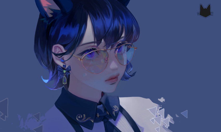 1girl bangs blue_background blue_bow blue_eyes blue_hair blue_theme bow cat_earrings collared_shirt english_commentary hair_behind_ear looking_at_viewer original portrait shirt short_hair solo sunglasses thick_lips white_shirt wowmoto2