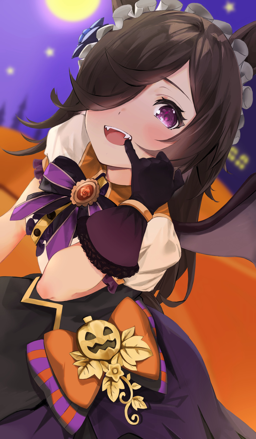 1girl :d aa_(16rrr16) absurdres animal_ears bangs black_gloves black_hair blurry blurry_background blush bow brown_wings center_frills commentary_request depth_of_field dutch_angle fangs finger_in_mouth frills full_moon gloves hair_over_one_eye hand_up highres horse_ears long_hair looking_at_viewer make_up_in_halloween!_(umamusume) moon puffy_short_sleeves puffy_sleeves purple_skirt rice_shower_(umamusume) shirt short_sleeves single_wing skirt smile solo striped striped_bow teeth umamusume upper_teeth very_long_hair violet_eyes white_shirt wings